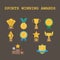 Set of sports winning awards icons on a dark background. Champion cups and golden medal flat design for Success winner.