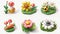 A set of spring 3D modern cartoon icons showing ladybugs, gift boxes, bees, carrots, magnolia flowers, green grass