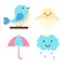 Set of spring elements. Blue bird, chick in egg, umbrella and smiling cloud with rain drops. Print for sticker pack