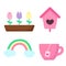 Set of spring elements. Flowers in pot, bird house, rainbow and cup with tea. Print for sticker pack, clothes, textile