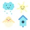 Set of spring elements. Smiling cloud, sun, baby bird in egg and birdhouse. Print for sticker pack, clothes, textile