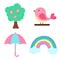 Set of spring elements. Tree with spring flowers, pink bird, umbrella and rainbow with clouds. Print for sticker pack