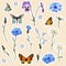 Set of spring flowers and butterfly elements. Set of stickers, pins, patches and handwritten notes collection stickers kit.