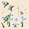 Set of spring flowers and butterfly elements. Set of stickers, pins, patches and handwritten notes collection stickers kit.