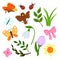 Set of spring illustrations - flowers of snowdrop, cherry blossom and narcissus, leaves, butterflies, grass, bird for spring