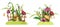 Set of spring, summer garden and forest bouquets with grass, fence, flowers, leaves and branches.