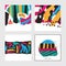 Set with square bright cards drawn in graphic style with hand drawn patterns, elements and stripes. Design good for print, invitat