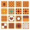 Set of square cookies with caramel, chocolate, nuts and various fillings. Vector illustrations and drawings.