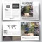 Set of square design brochure template. Polygonal background, blurred image, urban landscape, street in Montmartre