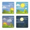 Set of square four times of day icons: morning, day, evening, night. Stock vector illustration