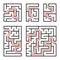 A set of square and rectangular labyrinths with entrance and exit. Simple flat vector illustration on white background. W