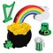 Set of St. Patrick Day 3D Isometric Icons â€“ Pot of Gold at the End of the Rainbow with Leprechaun Hat, Green Beer, and Harp