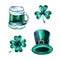 Set for st. Patrick`s day with green hat, beer, shamrock watercolor hand draw illustration with white isolated