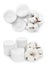 Set of stacked cotton pads and flowers on background