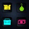 Set Stacks paper money cash, Carton cardboard box, Briefcase and Earring. Black square button. Vector