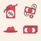 Set Stacks paper money cash, Discount percent tag, Money cash and coin and Man hat with ribbon icon. Vector