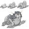 The set of stages of growing up walrus in the gray metal suit with horns. Vector cartoon close-up illustration.