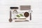 Set of stainless utensils cookware and tools, flat lay