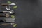 Set of stainless utensils cookware and tools, flat lay