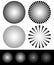 Set of starburst, sunburst shapes. Radiating, converging lines.