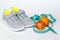 Set for start active healthy lifestyle, weight loss concept, fruits dieting, measuring tape and sneakers