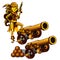 A set of statues of a girl pirate made gold isolated on a white background. A cannon with cannonballs. Vector