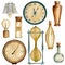 Set of steampunk elements with bottles, clocks, lamp, barometer and sandglass.