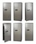 Set of steel safes on white background