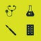 Set Stethoscope, Pills in blister pack, Medical surgery scalpel and Test tube and flask icon. Vector