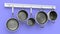 Set of stewpot, frying pan and chrome plated cookware hanging on shelf on violet