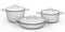 Set of stewpot, frying pan and chrome plated cookware on white background