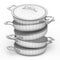 Set of stewpot, frying pan and chrome plated cookware on white background