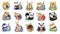 The set of stickers animals hugging food. The cartoon sloth, bunny, fox, cat, panda, dog love eating and drinking