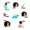 Set of stickers of beautiful girl with different emotions. Set of vector stickers for networks, social media chat. Cute