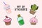 A set of stickers. Cactus, cake, drink. Kawaii colored drawings in cartoon style. Vector illustration in doodle style