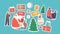 Set of Stickers Children Read Poems to Santa Claus. Girls and Boys Characters Meeting with Father Noel Sitting on Knees
