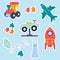 A set of stickers for children\\\'s toys. Car, aeroplane, steam train, hare, puzzle