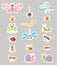 Set of stickers of cute insects. Funny decorative characters of snail, beetle, dragonfly and butterfly, bee and ant