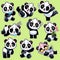 Set of stickers with cute pandas. Cute asian adorable bears in different poses and emotions, eating bamboo stem, playing