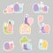 Set of stickers cute snails. Decorative snail characters on rainbow, under leaf and with balloon, a family with baby and