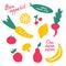 Set of stickers of delicious food. Variety of dishes. Hand-drawn icons. Inscription Bon appetit