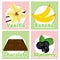 Set stickers with different products. Labels. Vanilla, banana, c