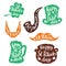 Set of stickers emblems with lettering: leaf clover, beer mug, mustaches, beard, hat , smoking pipe , pot of gold coins.