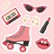 A set of stickers featuring rollers, notes, lightning, cassette, lipstick, lips and sunglasses in retro style.