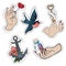 Set of stickers with hands, bird and anchor over white background.