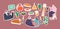 Set of Stickers Happy Israel Family Celebrate, Having Dinner at Home, Jewish Parents, Grandparents and Child Eating