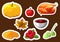 Set of stickers for Happy Thanksgiving Day. Badge, icon, template apple, cranberries, pumpkin pie, leaf, turkey, sous