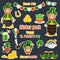 Set of stickers for the holiday of St. Patrick`s Day on a gray background