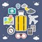 Set of stickers icon, Traveling on airplane, Vacation time, Journey in holidays, Flat style vector illustration.