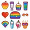 A set of stickers, an LGBTQ icon set. Symbols associated with pride Month in LGBT flag colors. Lips, hand holding a heart, flags,